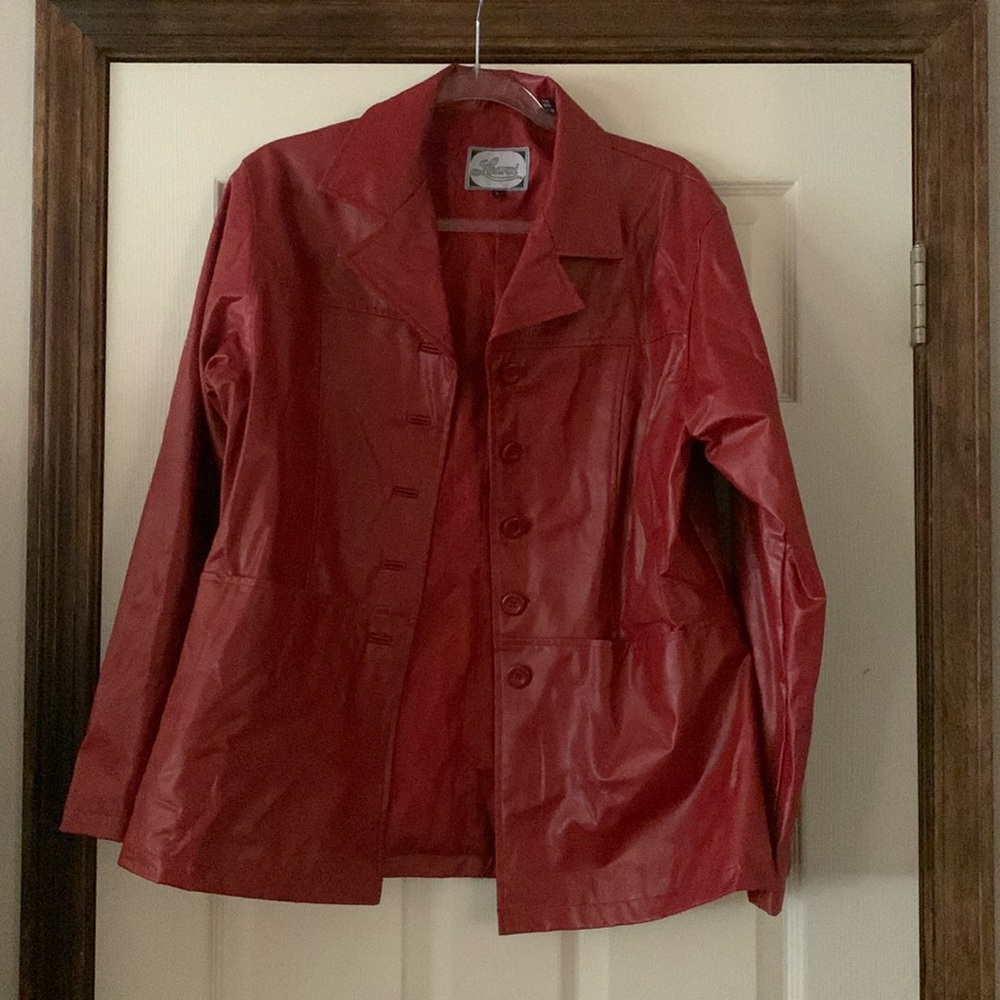 Red Women's Leather Button-Front Jacket